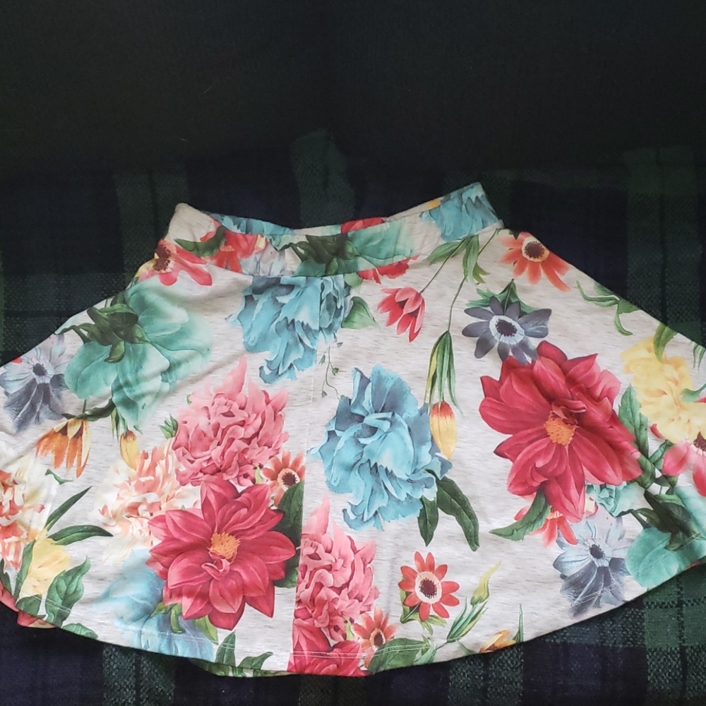 So Gray Base Colored Mini Skirt with Pink, Blue, Yellow,  & Green Floral Design
